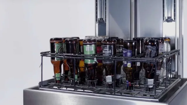 Brown beer bottles in the basket of a beer bottle washer