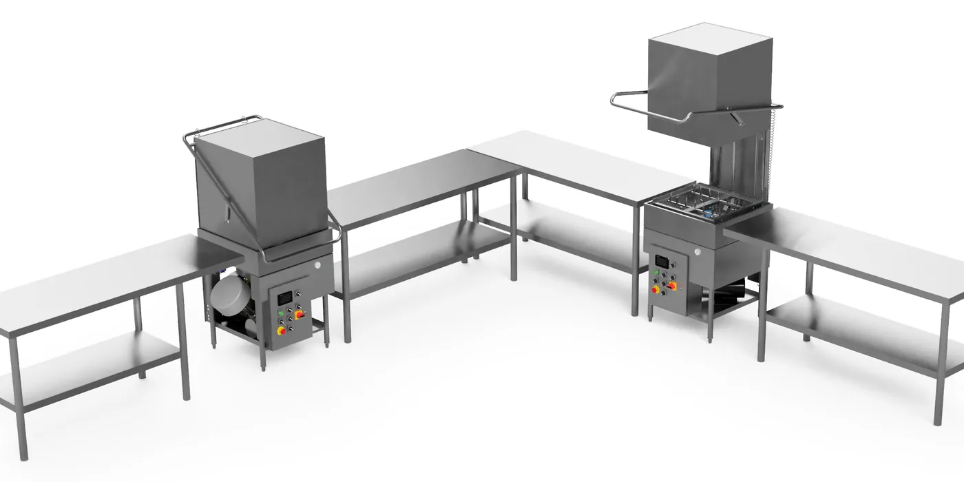 Duas enxaguadoras de garrafas em linha com mesas de trabalho em aço inox