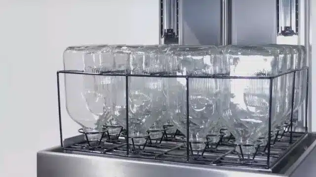 Clear water bottles in the basket of a water bottle washer