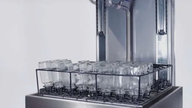 Glass jars in the basket of a food container washer