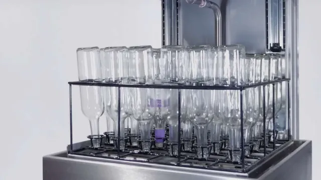 Glass water bottles in the basket of a hotel bottle washer