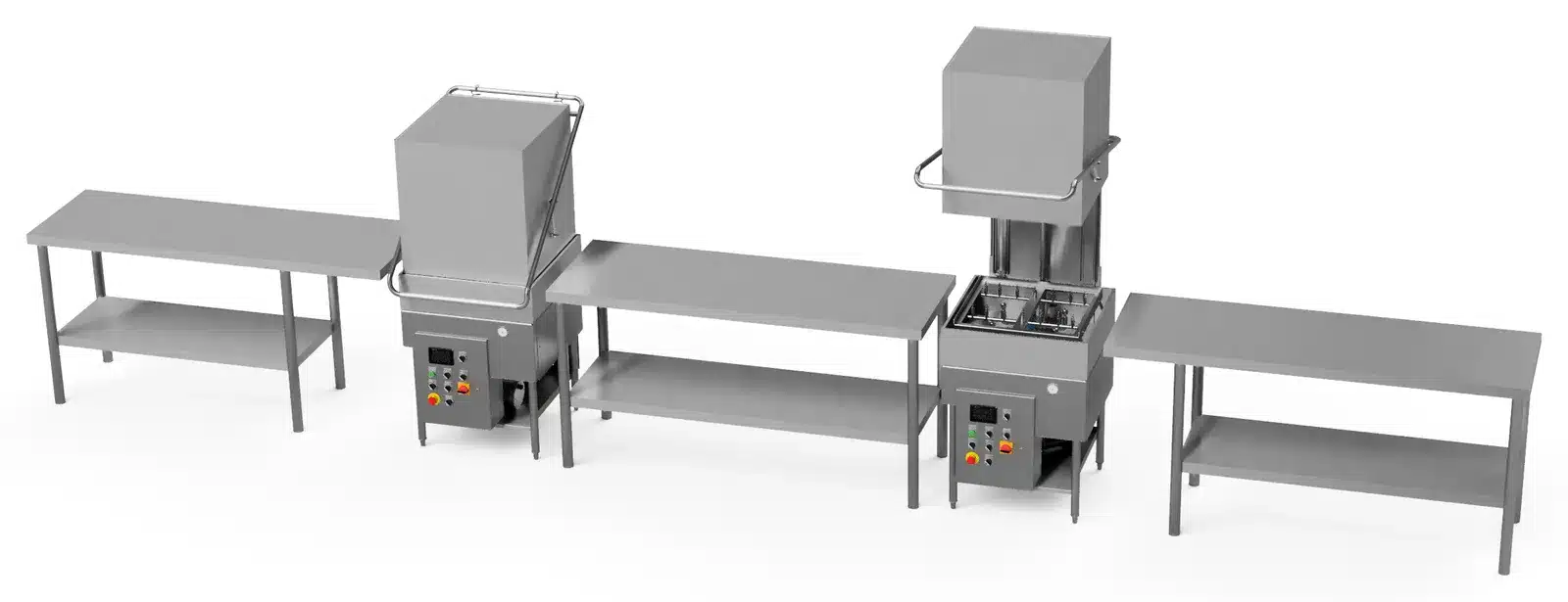 Washing line: two washers and three stainless steel tables with lower shelves