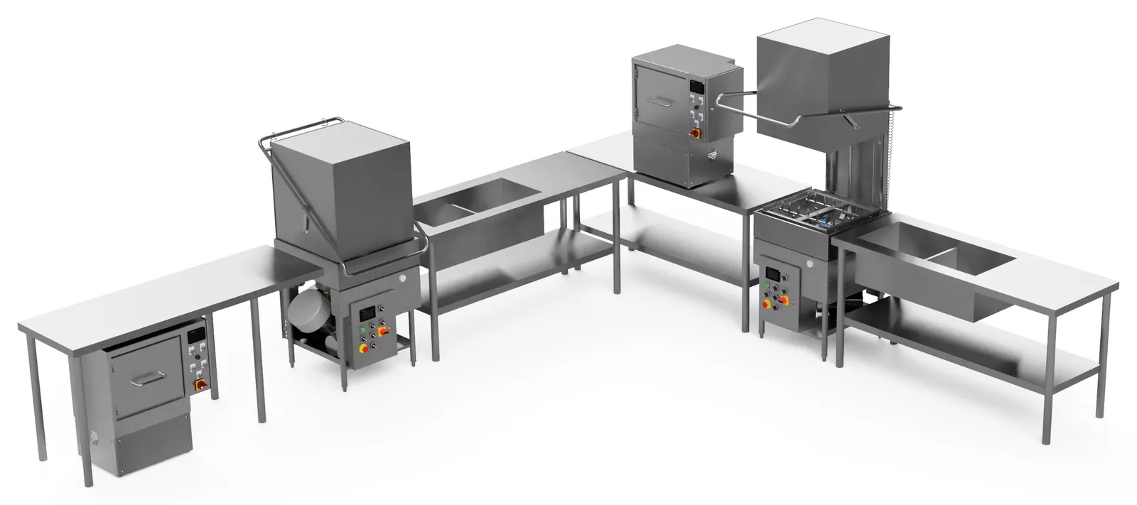 Bottle washer accessories: washers surrounded by stainless steel work tables and sink tables in an L-shaped washing station
