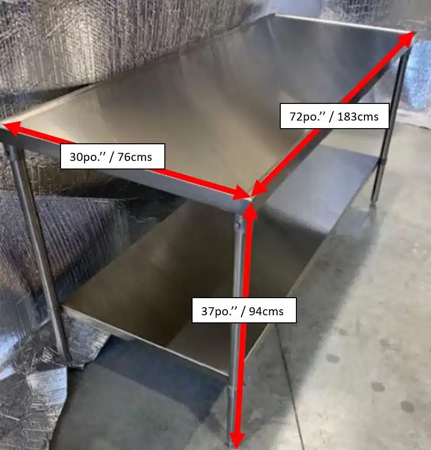 304 stainless steel work table, 30 × 72 in, with lower shelf, dimensions shown